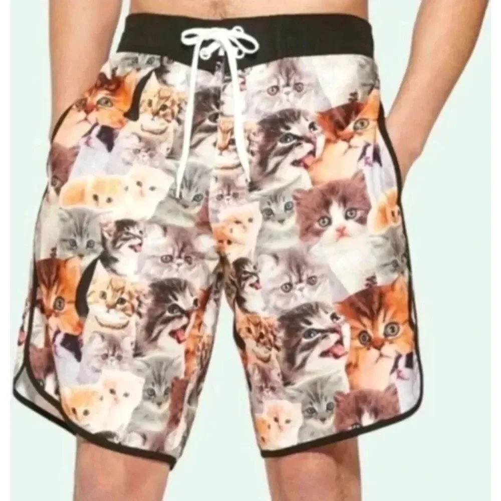 BIOWORLD Swim Trunks Mens Small Board Shorts Cat Kitten Print Collage Lined